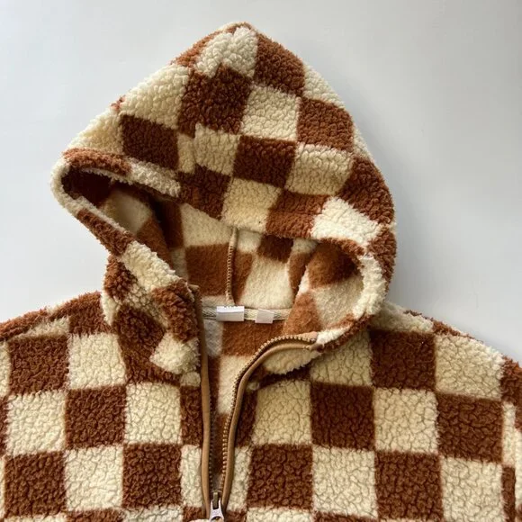 Gap Kids XL (12) Cream & Brown Checkered Hooded Fleece Pullover Jacket - Picture 2 of 8